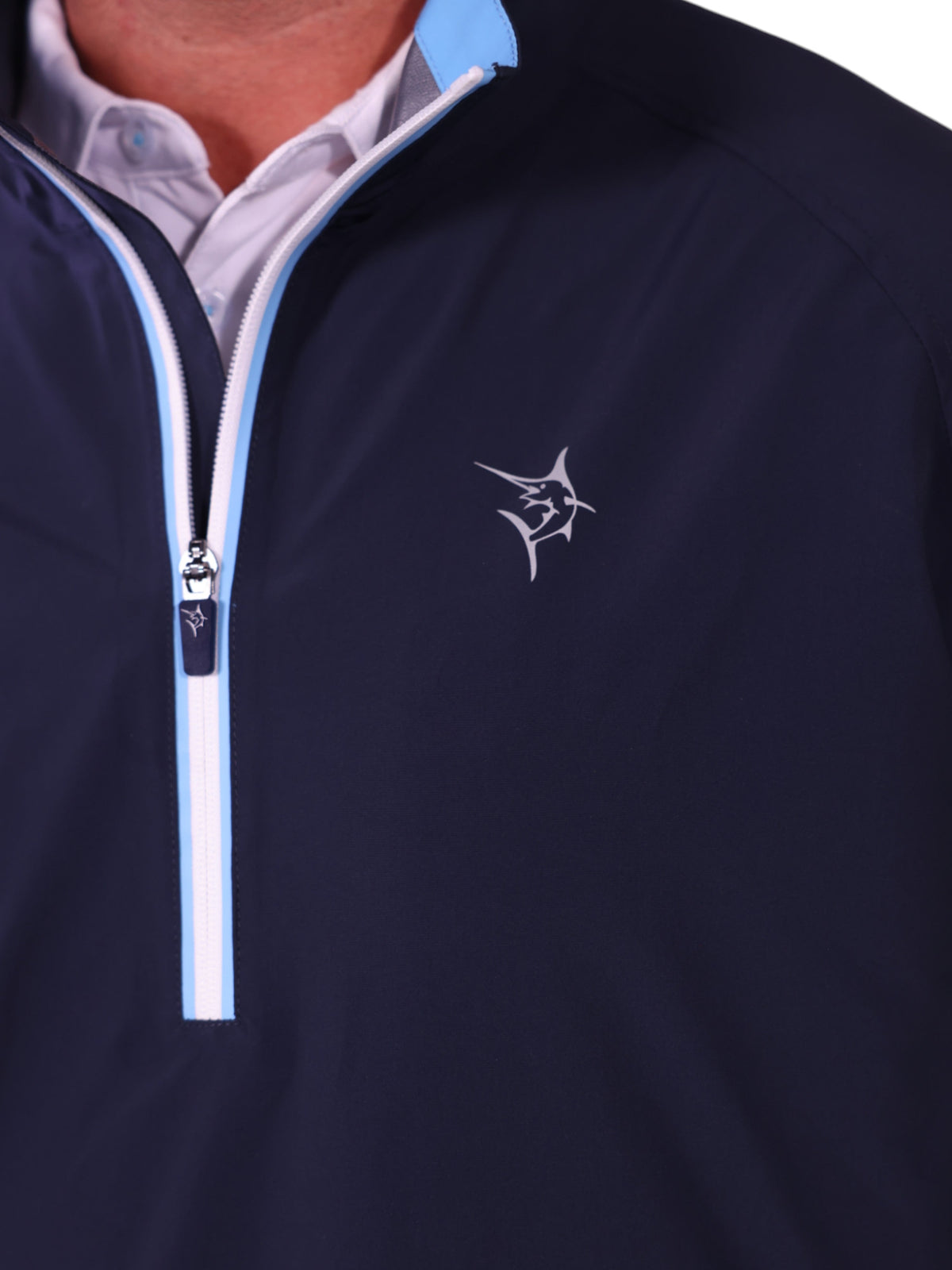 White Water Life Palm Beach waterproof quarter zip with logo, showcasing the navy blue waterproof quarter zip design and branding.