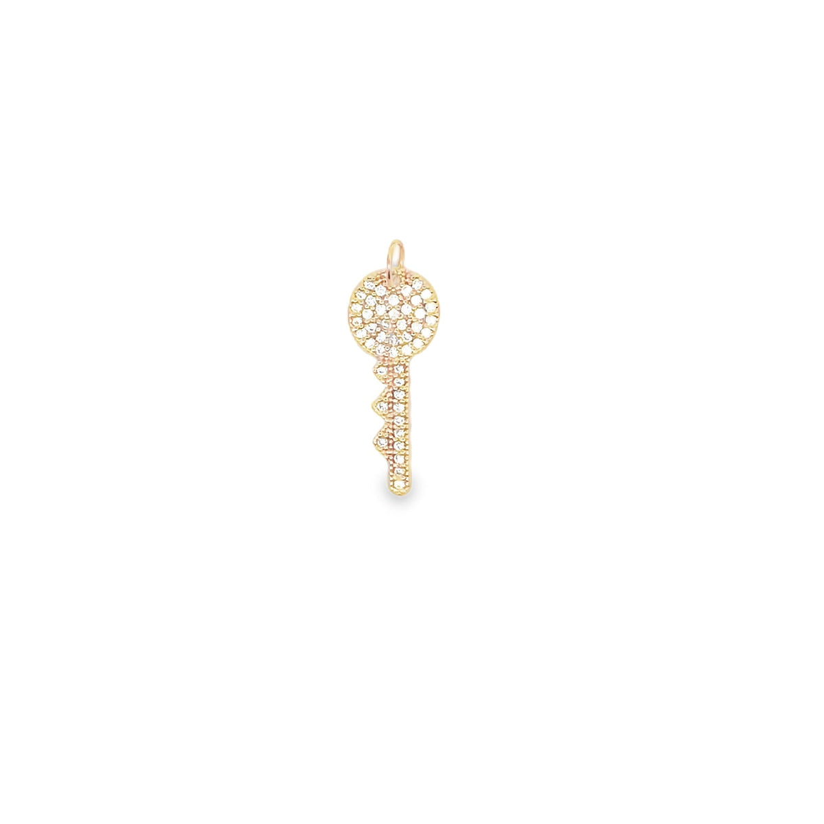 18K gold filled key charm with sparkling CZ stones, MIA Jewelry charm accessory with detailed design and elegant finish.