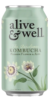 Organic Aloe & Passion Flower Kombucha by Alive & Well in a 6-pack, featuring bottles with vibrant labels and fresh ingredients.