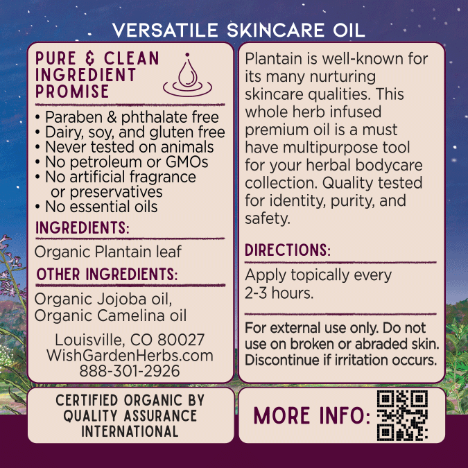 Bottle of WishGarden Herbs Plantain Oil for bodycare, featuring a clear label and a silver cap, set against a neutral background.