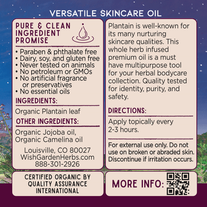 Bottle of WishGarden Herbs Plantain Oil for bodycare, featuring a clear label and a silver cap, set against a neutral background.