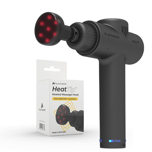 iReliev MVP+ HeatTip heated massage head attachment for percussion massager, with ergonomic design and textured surface for muscle relief.