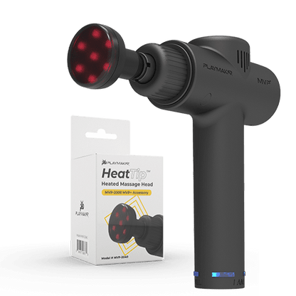 iReliev MVP+ HeatTip heated massage head attachment for percussion massager, with ergonomic design and textured surface for muscle relief.