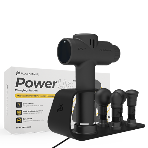 iReliev MVP+ PowerUp Charging Station for percussion massager accessories, compact black device with charging ports and branding.