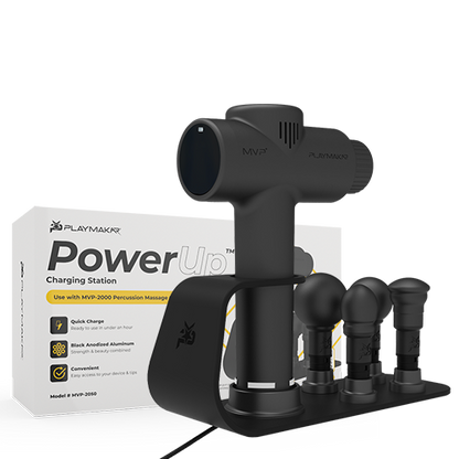 iReliev MVP+ PowerUp Charging Station for percussion massager accessories, compact black device with charging ports and branding.