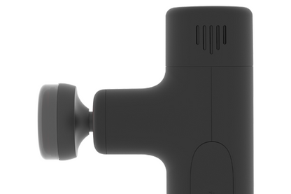 iReliev MVPmini HeatTip percussion massage head attached to massager, showing close-up side view of the accessory for targeted relief