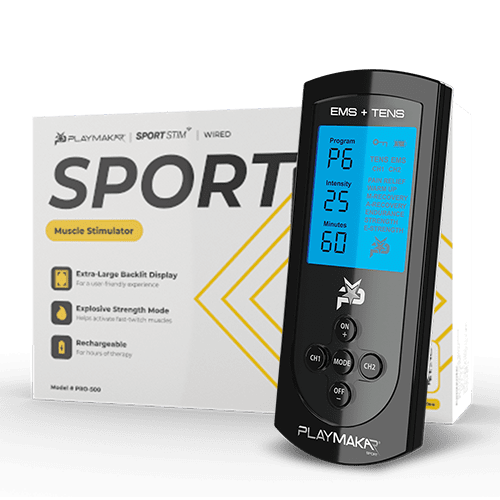 iReliev SPORT TENS + EMS muscle stimulator device with control unit and accessories for pain relief and muscle recovery.