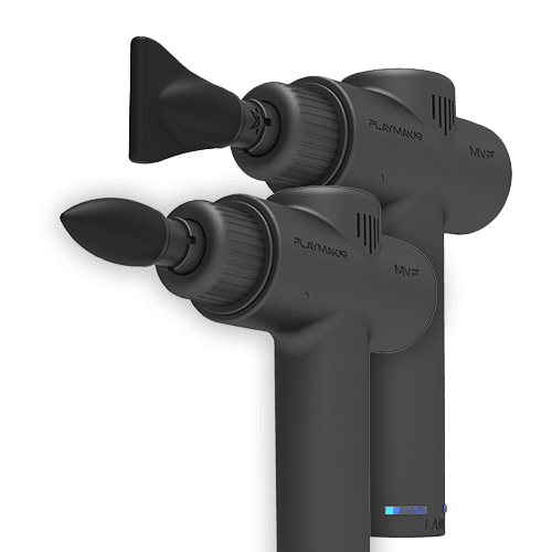 iReliev MVP+ Dynamic Duo massage head set with edge and bullet tips for percussion massagers, used for targeted muscle relief.