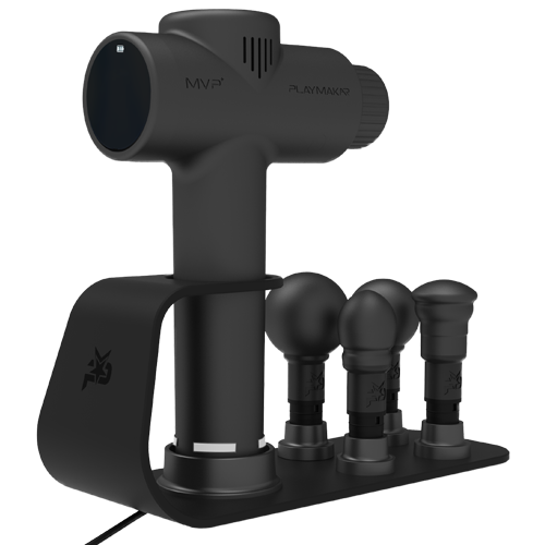 iReliev MVP+ PowerUp charging station for percussion massager accessories, shown in a sleek black and gray design.
