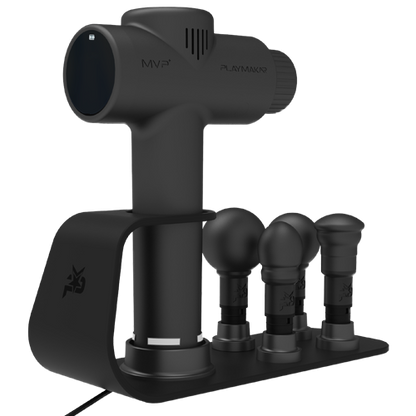 iReliev MVP+ PowerUp charging station for percussion massager accessories, shown in a sleek black and gray design.
