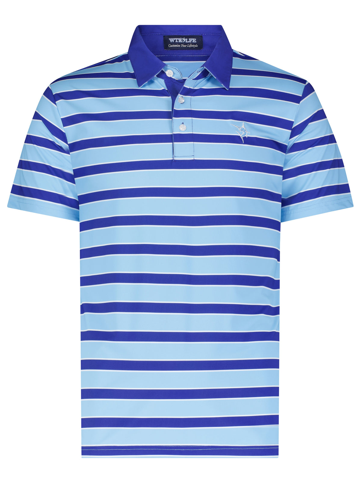 White Water Life Fairway Striped Polo shirt with blue and white horizontal stripes, button collar, and short sleeves.