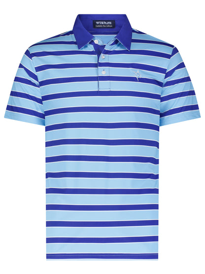 White Water Life Fairway Striped Polo shirt with blue and white horizontal stripes, button collar, and short sleeves.