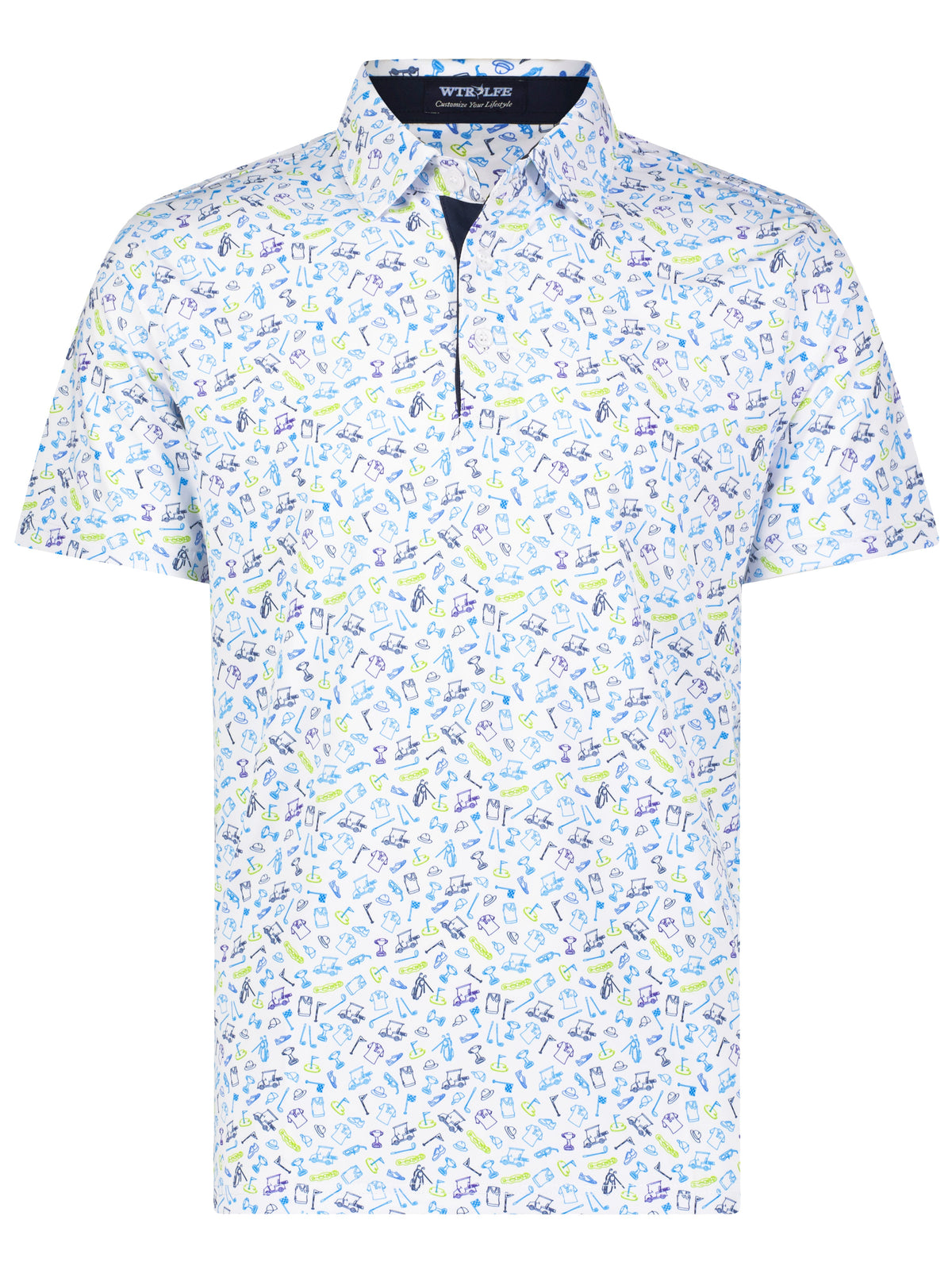White Water Life Links Print Polo shirt with golf-themed pattern, casual men's polo in soft cotton fabric.