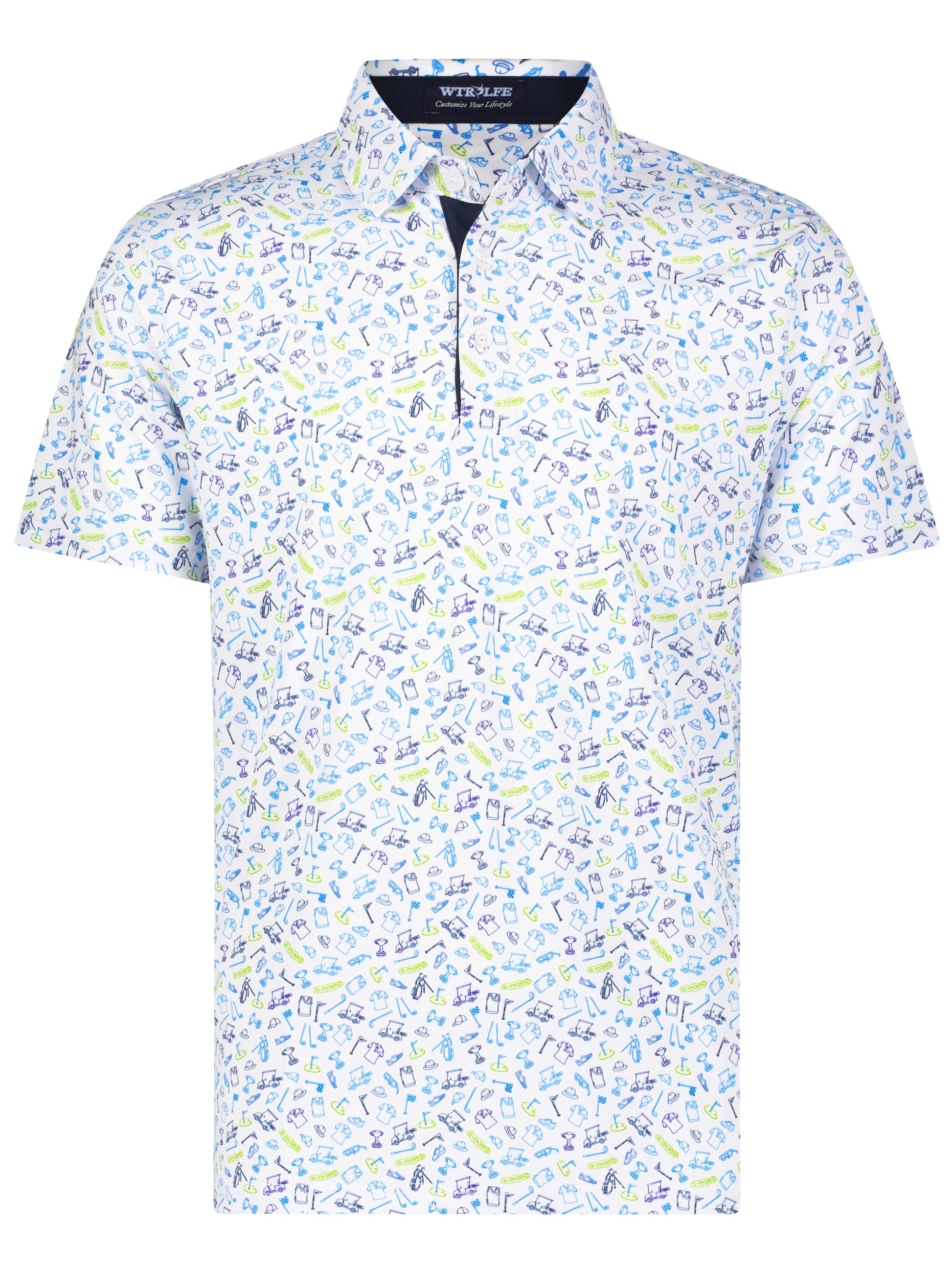White Water Life Links Print Polo shirt with golf-themed pattern, casual men's polo in soft cotton fabric.