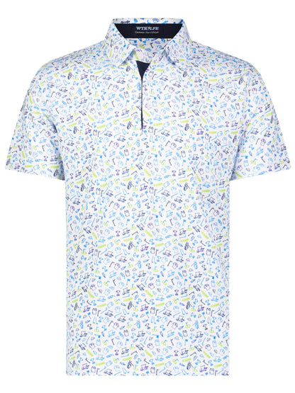 White Water Life Links Print Polo shirt with golf-themed pattern, casual men's polo in soft cotton fabric.