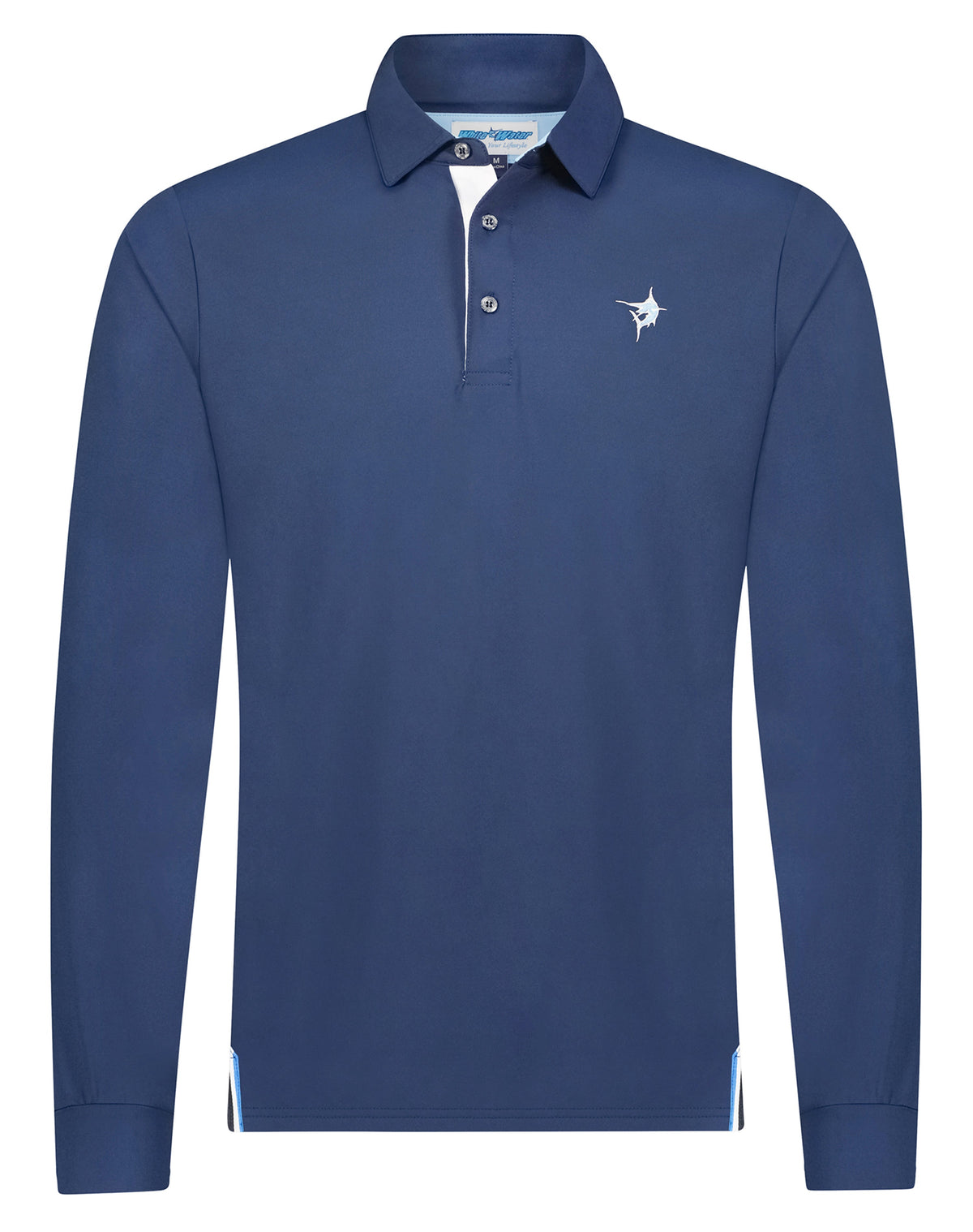 White Water Life Coast long sleeve polo shirt in navy, featuring a classic collar and button-up front.