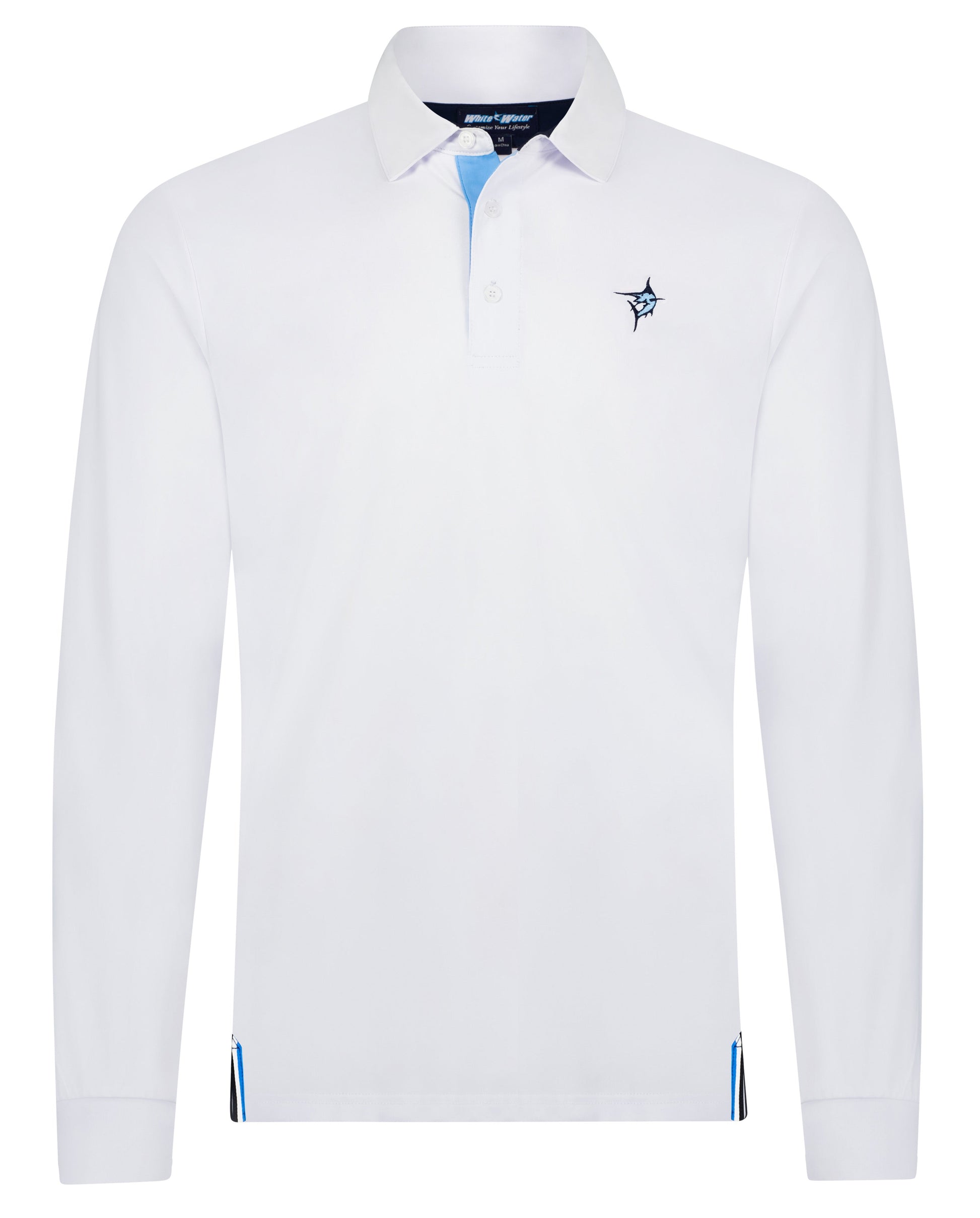 White Water Life Coast long sleeve polo shirt with collar and buttons, shown in a casual setting.