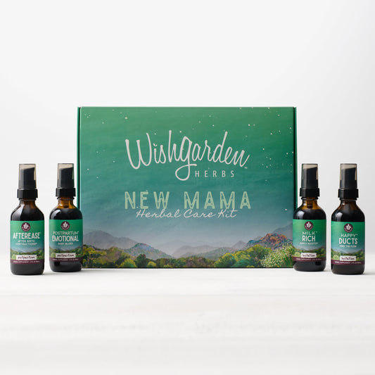 Postpartum Essentials Kit by WishGarden Herbs in a gift box, including herbal remedies and self-care products for new mothers.