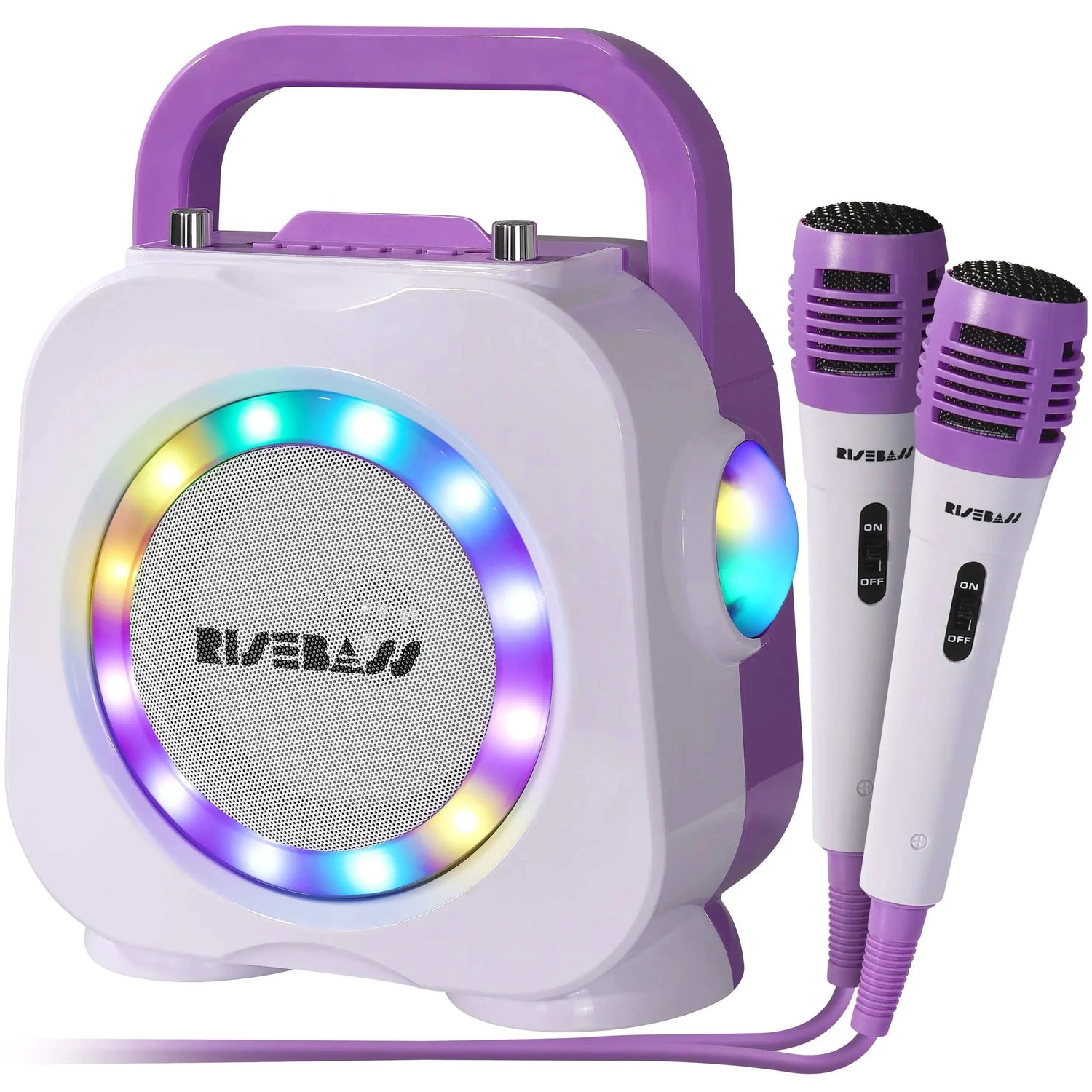 Purple and white portable karaoke machine for kids with Bluetooth speaker and two microphones, featuring LED lighting effects and adjustable sound controls.