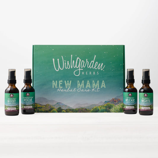 WishGarden Herbs Pregnancy Essentials Kit in a gift box with herbal remedies and products for expecting mothers.