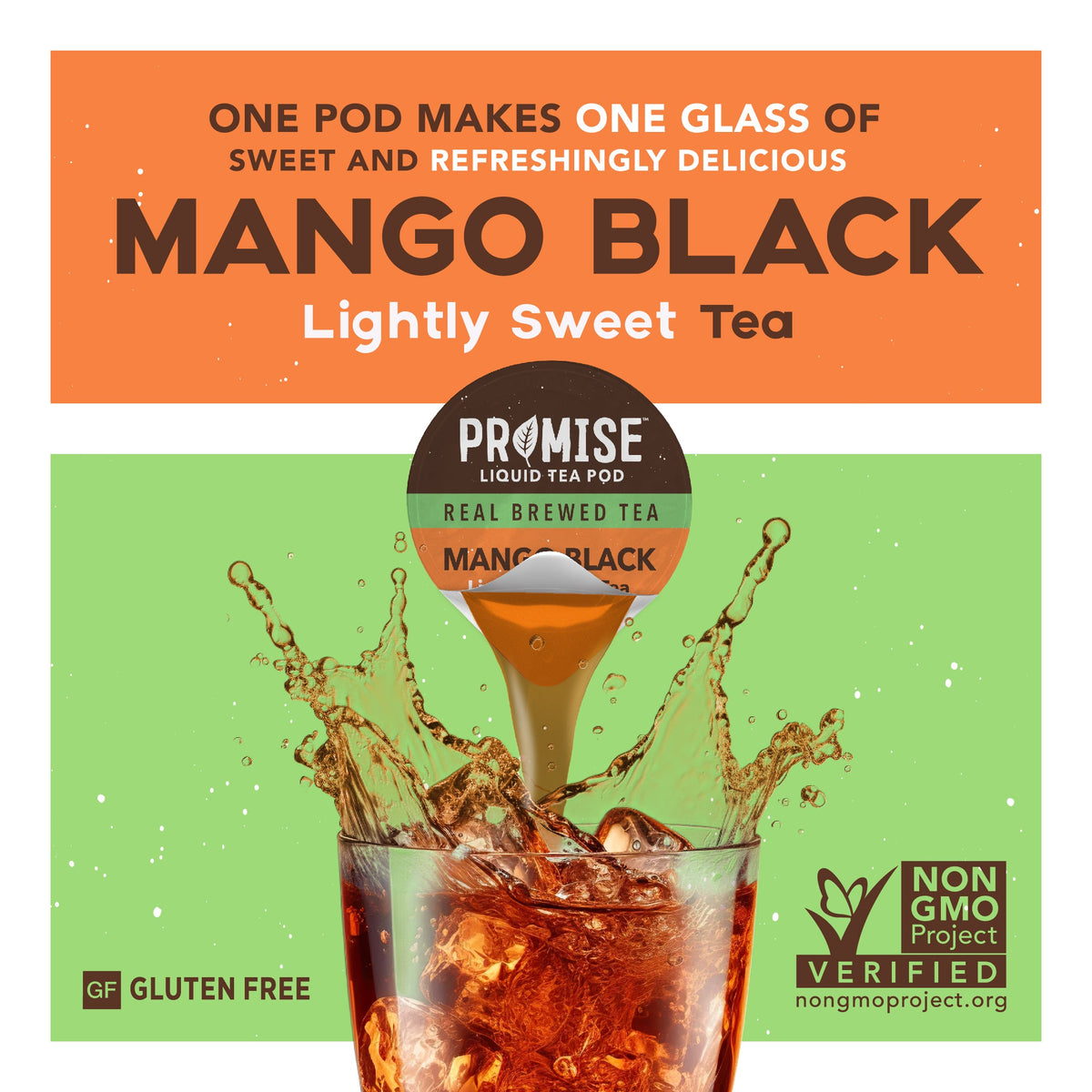 Glass bottle of Java House Promise Mango Black tea with lightly sweetened mango black tea inside, labeled as Promise Real Brewed Tea.