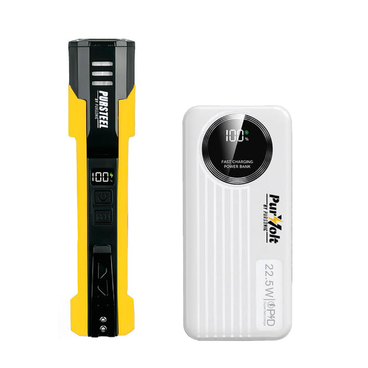 Pursonic 2-in-1 flashlight and LED power bank showing bright flashlight beam and charging port, compact emergency electronics bundle