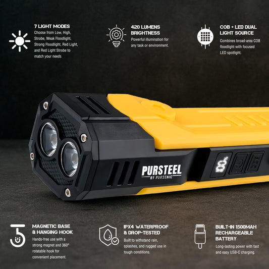 Pursonic emergency prep bundle with 2-in-1 ultra bright flashlight and LED fast charging power bank on a white background.