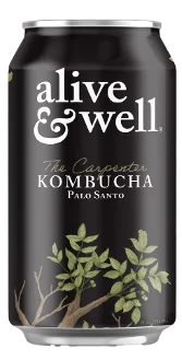 Alive & Well Kombucha Palo Santo flavor in a 6-pack of cans, showcasing the refreshing beverage with vibrant packaging.