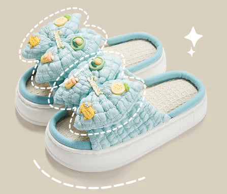 Bow Women's Thick Bottom Latex Linen Slippers for Outdoors