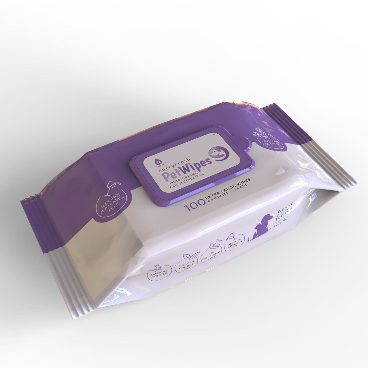 Pursonic Furry Fresh Pet Wipes in lavender scent, 100 extra large wipes for cleaning pets, shown in the image.