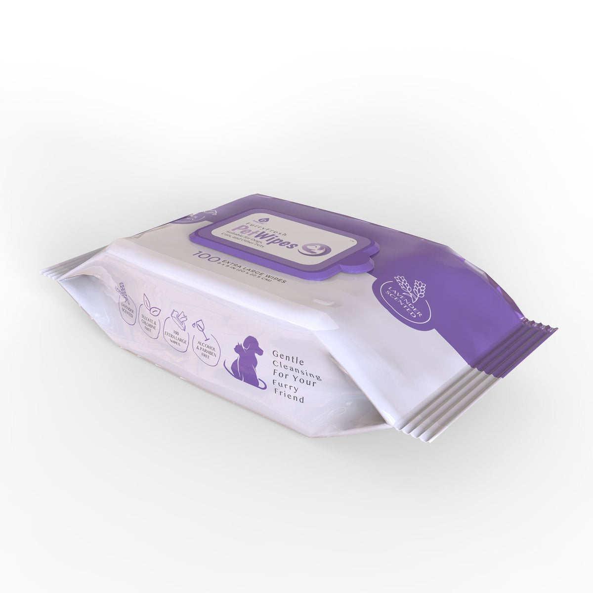Pursonic Furry Fresh Pet Wipes with lavender scent, 100 extra-large wipes for easy pet cleaning and freshness.