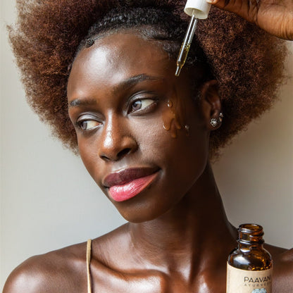 Paavani Ayurveda Clarify Serum in a glass bottle, Ayurvedic face oil for blemish-prone skin with natural botanical ingredients.