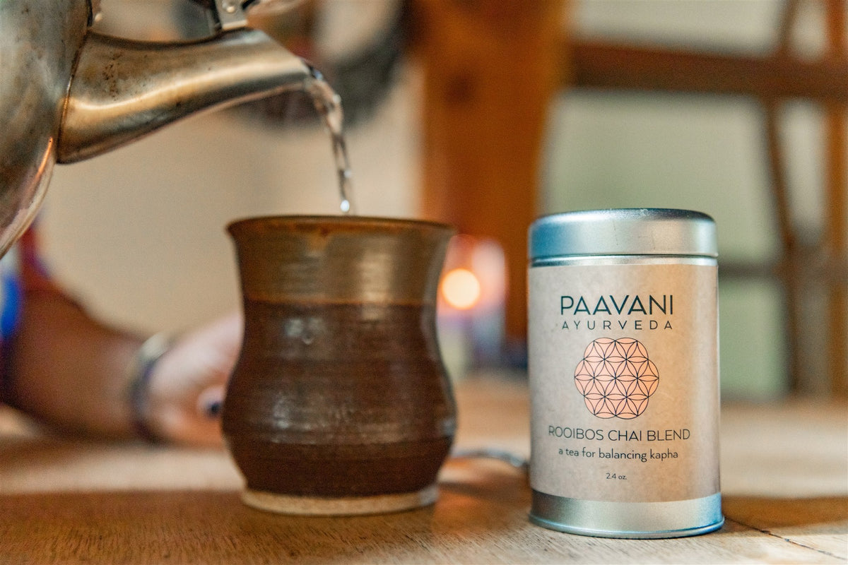 Organic loose-leaf herbal tea from Paavani Ayurveda, showcasing a simple, calming Ayurvedic herbal tea ritual collection.