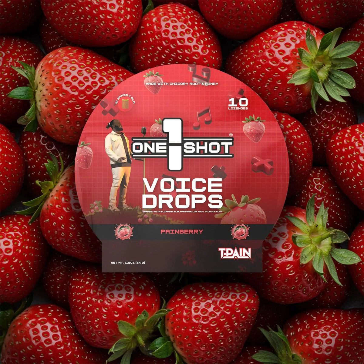 Voice Stack bundle with Painberry flavor by 1 Shot Energy, featuring a vibrant strawberry and blueberry background.
