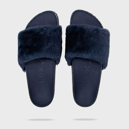 Fleks San Ysidro Slide in Deep Blue Sea, showing a comfortable sandal with a minimalist design and textured sole.