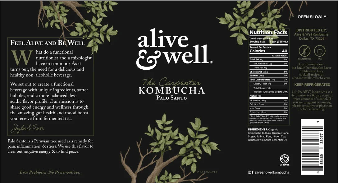 Palo Santo flavor kombucha in a 6-pack by Alive & Well Kombucha, featuring a label with natural imagery and branding.
