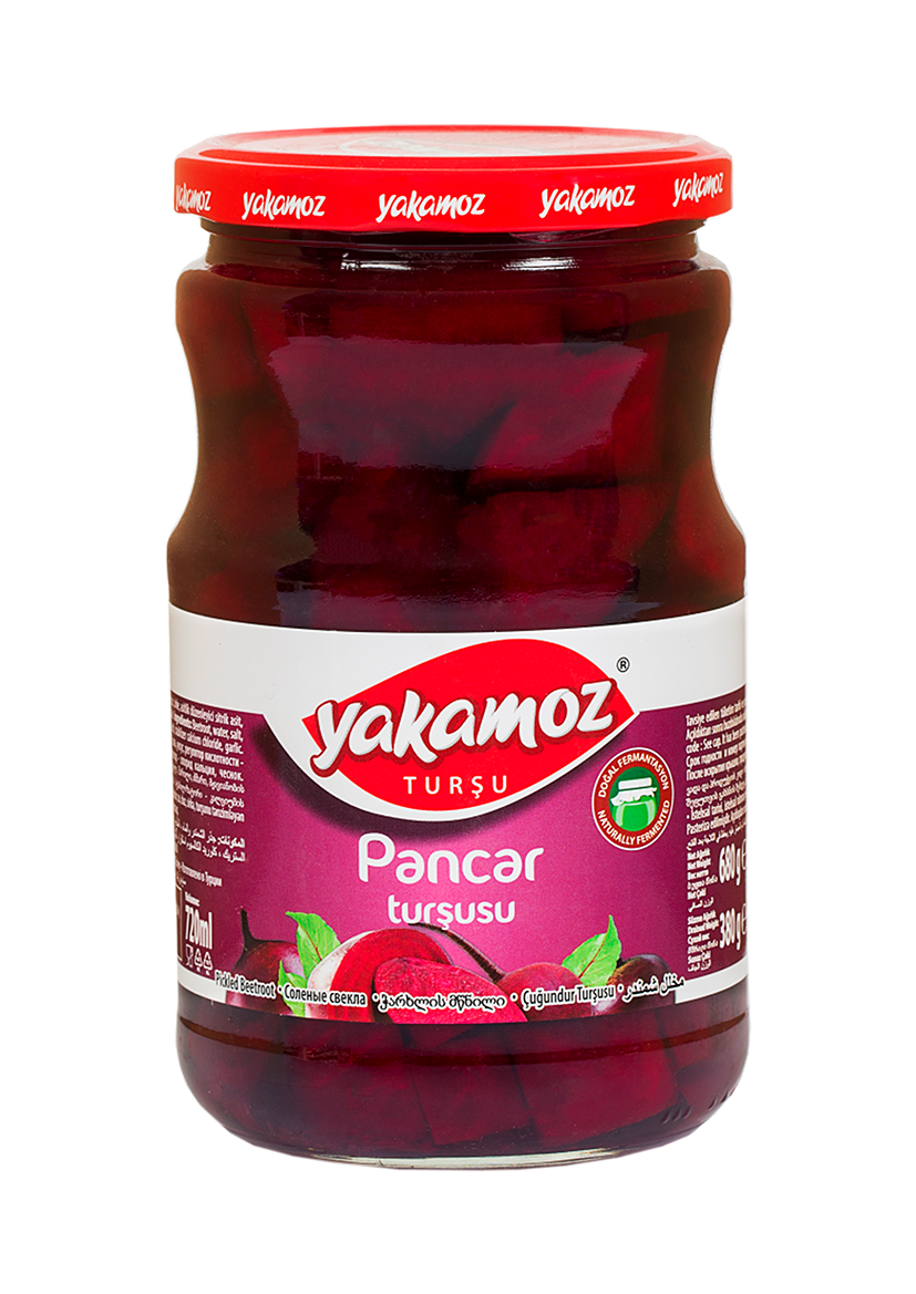 Glass jar of S101 Yakamoz Beetroot Pickle with vibrant, sliced beets visible inside, showcasing fresh, colorful pickled vegetables.