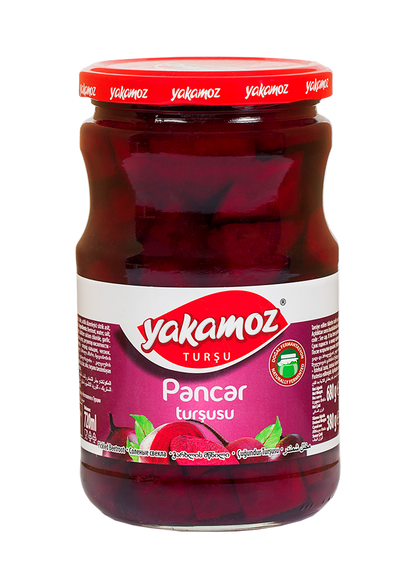 Glass jar of S101 Yakamoz Beetroot Pickle with vibrant, sliced beets visible inside, showcasing fresh, colorful pickled vegetables.
