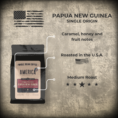 Papua New Guinea single origin coffee beans from America Supply Company LLC, showing the Papua New Guinea coffee region map.