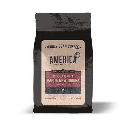 Whole Papua New Guinea single origin coffee beans from America Supply Company LLC, shown in a clear image.