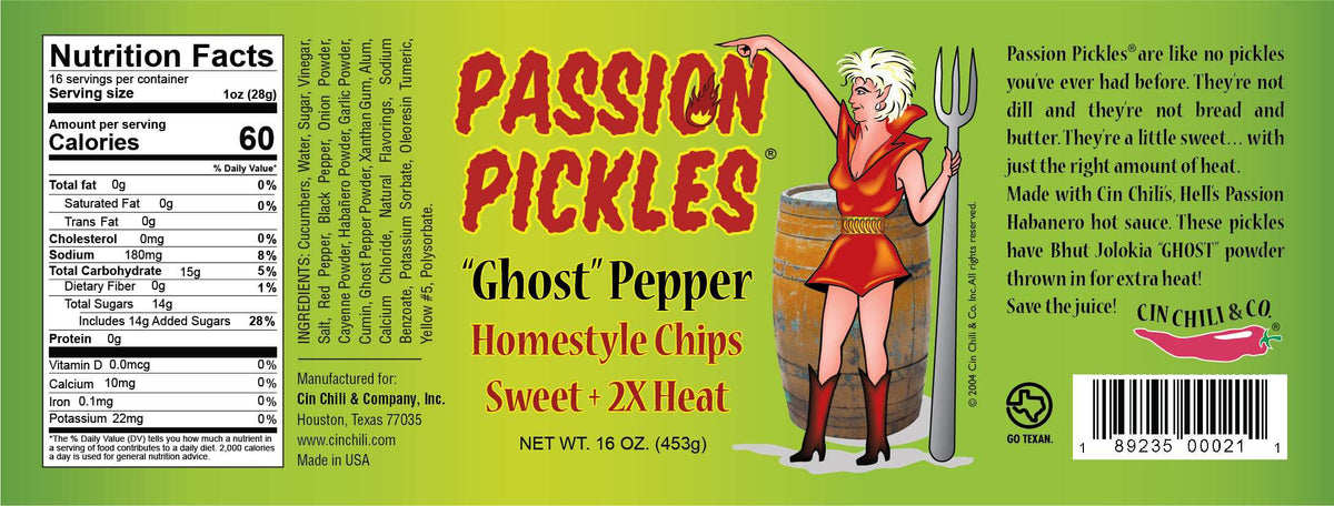 Passion Pickles® Ghost Pepper Homestyle Chips by Cinderosa Ranch, featuring spicy, crispy pickle slices with ghost pepper flavor.