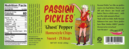 Passion Pickles® Ghost Pepper Homestyle Chips by Cinderosa Ranch, featuring spicy, crispy pickle slices with ghost pepper flavor.