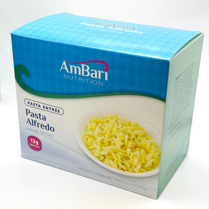 Creamy Alfredo pasta from AmBari Nutrition with rich sauce and tender noodles, ready to serve.