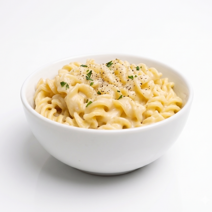 Creamy AmBari Nutrition Pasta Alfredo bowl with 12g of protein, featuring rich sauce and cooked pasta in a ready-to-eat food image.