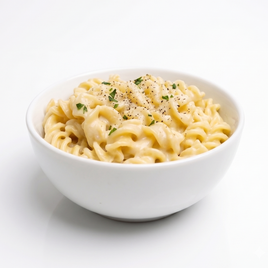 Creamy AmBari Nutrition Pasta Alfredo bowl with 12g of protein, featuring rich sauce and cooked pasta in a ready-to-eat food image.