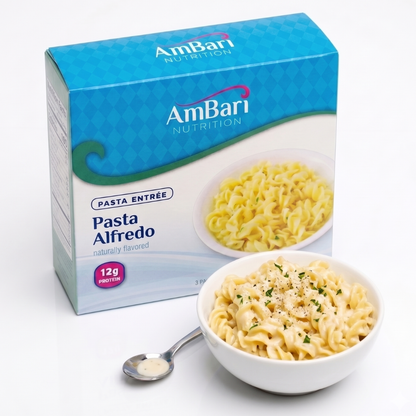 AmBari Nutrition Pasta Alfredo in a box and bowl, showcasing creamy pasta served for a delicious meal.