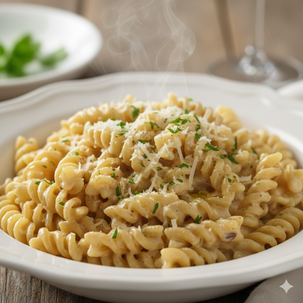 Creamy pasta Alfredo meal from FOUNDATION Outdoors served on a plate with herbs and grated cheese.