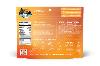 Back view of FOUNDATION Outdoors Pasta Alfredo Meal pouch showing nutritional information and product branding.