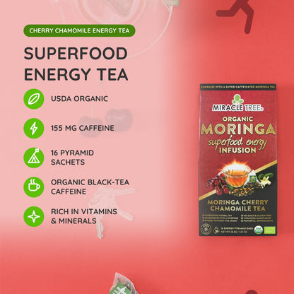 Organic Moringa Energy Tea by Miracle Tree with cherry and chamomile, natural coffee alternative, in a vibrant tea cup.