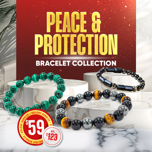 Bundle of Peace & Protection bracelets by Conscious Items, featuring various beaded and charm designs for mindful wear.